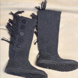 UGG Grey Winter Knit Boots with Fringe
